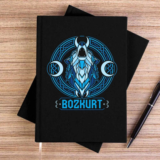 Neon Mavi Hilal Detaylı Bozkurt Baskılı Siyah Çizgisiz Kanvas Defter