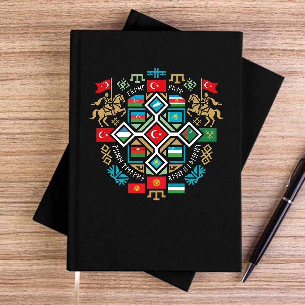 Renkli Mozaik Mandala Türk Motifli Bozkurt Baskılı Siyah Çizgisiz Kanvas Defter