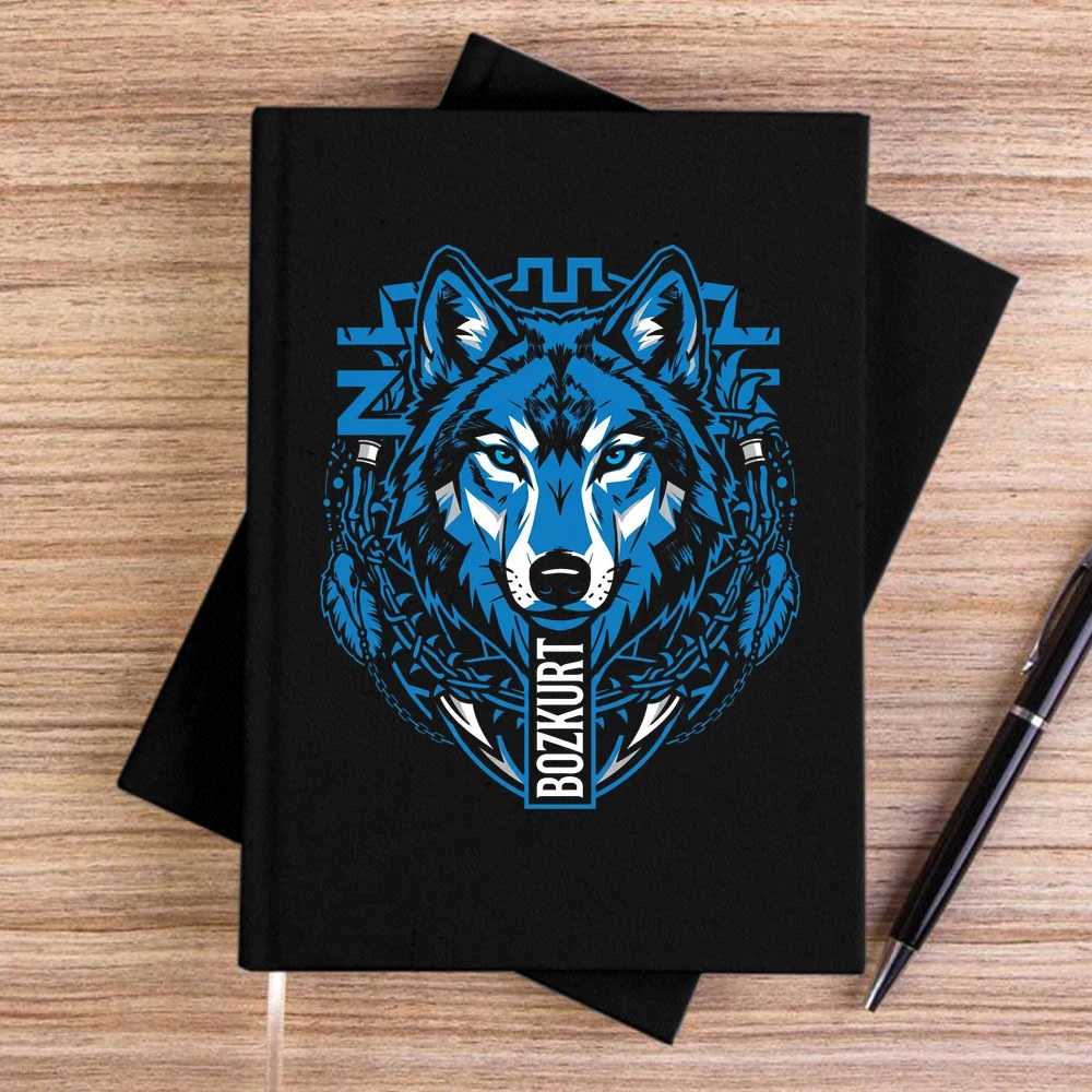 Mavi Soyut Çizgi Kurt Başı Baskılı Siyah Çizgisiz Kanvas Defter