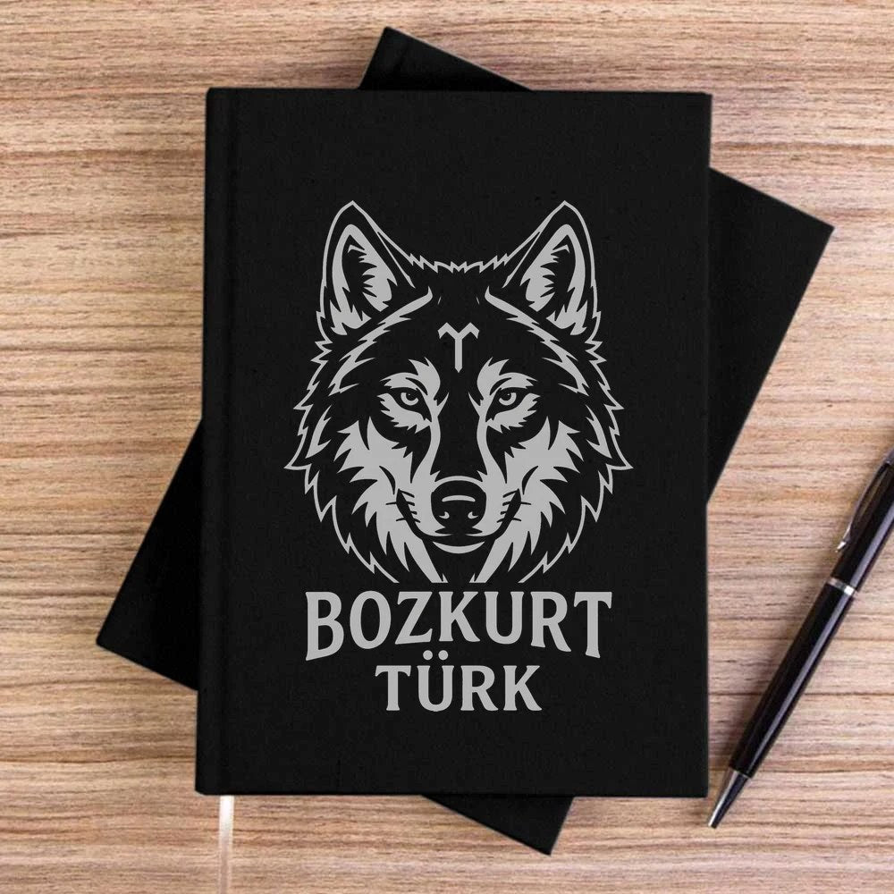 Beyaz Çizgisel Kurt Başı Bozkurt Türk Yazılı Baskılı Siyah Çizgisiz Kanvas Defter