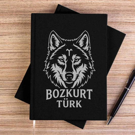 Beyaz Çizgisel Kurt Başı Bozkurt Türk Yazılı Baskılı Siyah Çizgisiz Kanvas Defter