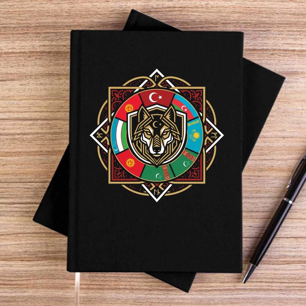 Sekizgen Mandala Bayraklı Bozkurt Baskılı Siyah Çizgisiz Kanvas Defter