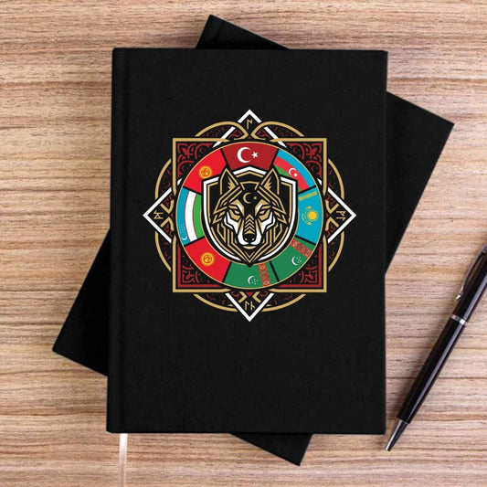 Sekizgen Mandala Bayraklı Bozkurt Baskılı Siyah Çizgisiz Kanvas Defter