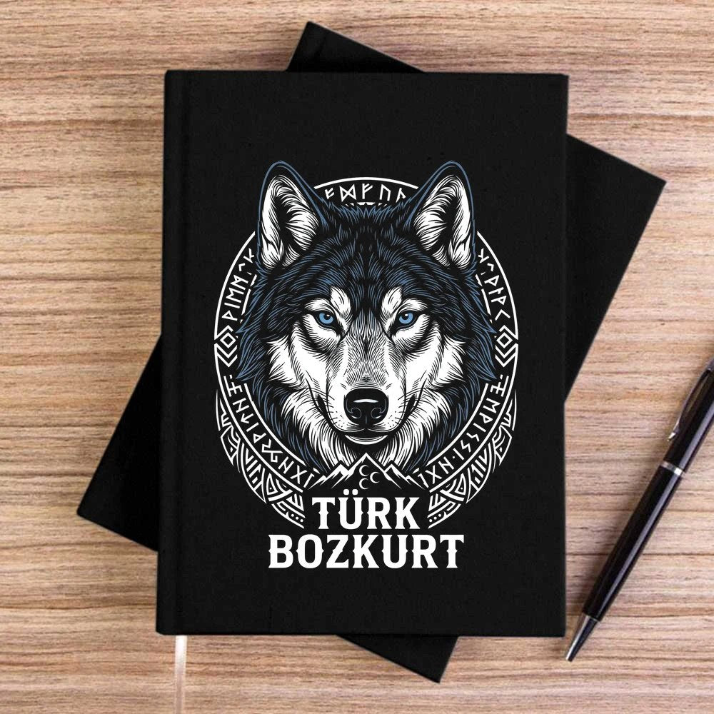 Türk Bozkurt Yazılı Detaylı Kurt Başı Baskılı Siyah Çizgisiz Kanvas Defter