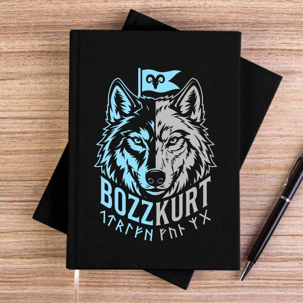 Mavi Beyaz İki Yüzlü Bozkurt Bayraklı Baskılı Siyah Çizgisiz Kanvas Defter