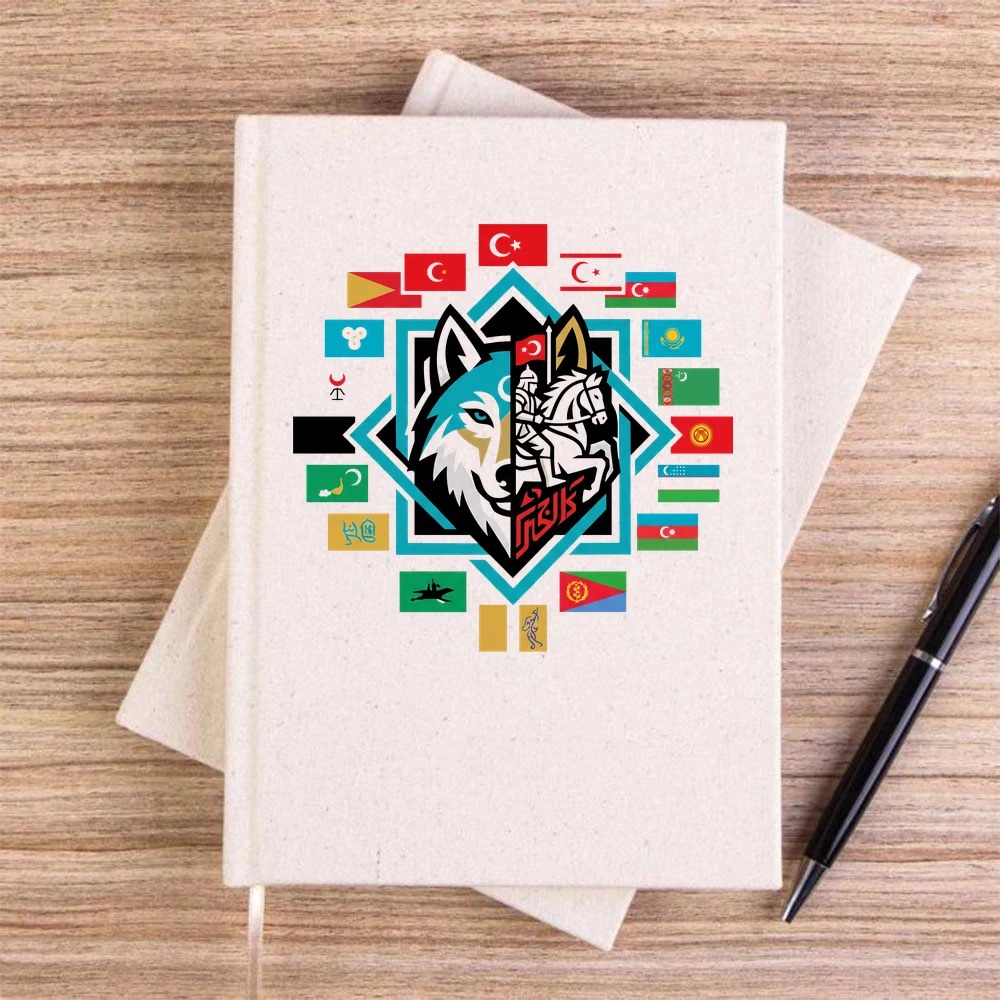 Bayrak Karolu Çerçeveli Bozkurt Baskılı Krem Çizgisiz Kanvas Defter