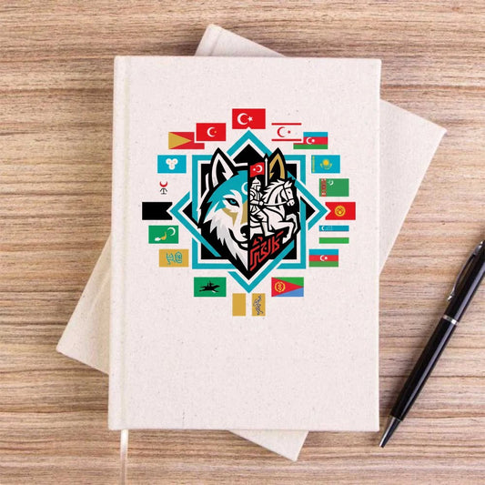 Bayrak Karolu Çerçeveli Bozkurt Baskılı Krem Çizgisiz Kanvas Defter