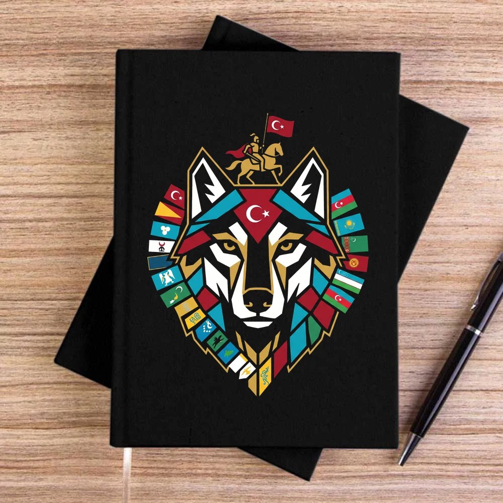 Totem Tarzı Renkli Bozkurt Amblemi Baskılı Siyah Çizgisiz Kanvas Defter
