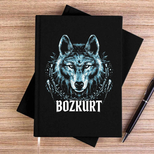 Buz Mavisi Bozkurt Başı Yazılı Baskılı Siyah Çizgisiz Kanvas Defter