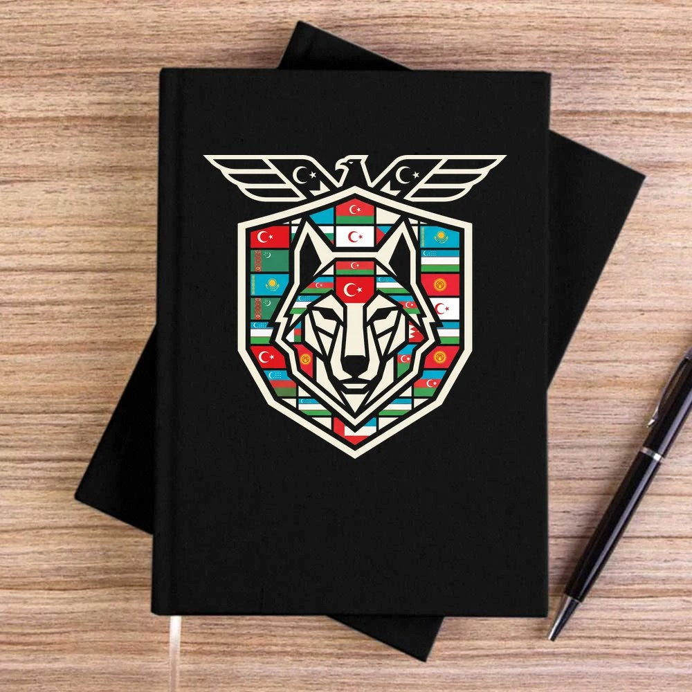 Kanatlı Arma Bayraklı Kalkan Bozkurt Baskılı Siyah Çizgisiz Kanvas Defter