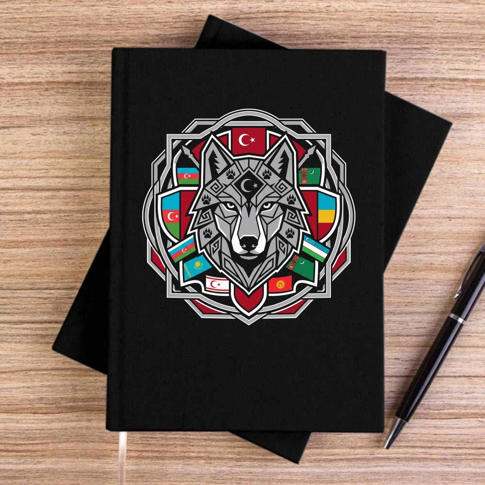 Mandala Desenli Bayraklı Gri Kurt Baskılı Siyah Çizgisiz Kanvas Defter