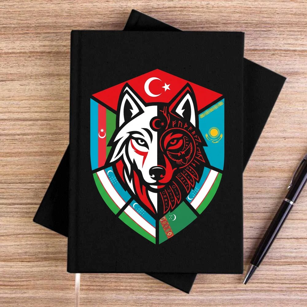 Kardeş Ülke Bayraklı Kalkan Bozkurt Baskılı Siyah Çizgisiz Kanvas Defter