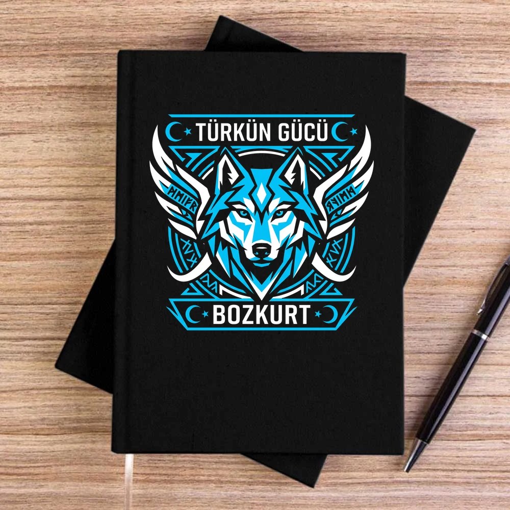 Kanatlı Mavi Bozkurt Turan Yazılı Baskılı Siyah Çizgisiz Kanvas Defter