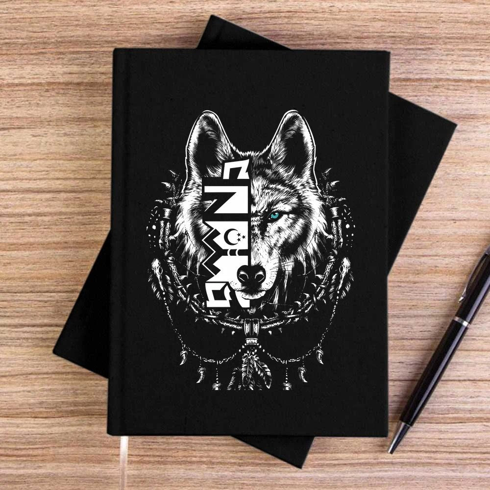 Beyaz Eskiz Tarzı Kurt Başı Baskılı Siyah Çizgisiz Kanvas Defter