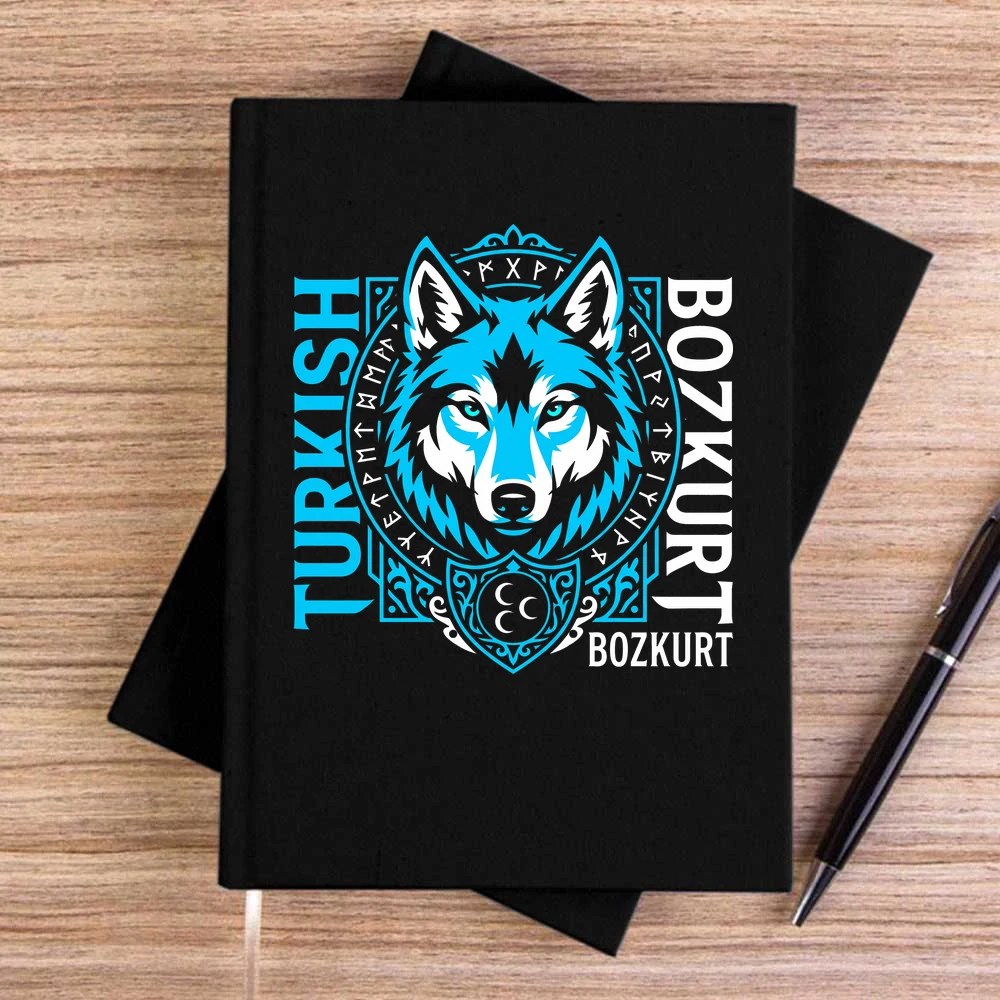 Dikey Turkish Bozkurt Tipografili Mavi Baskılı Siyah Çizgisiz Kanvas Defter