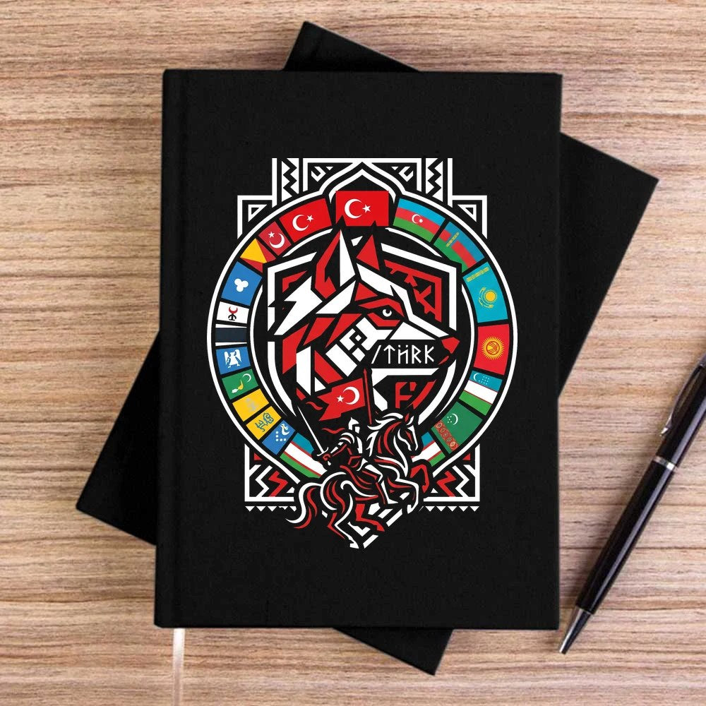 Kırmızı Bayraklı Kalkan Amblem Bozkurt Baskılı Siyah Çizgisiz Kanvas Defter