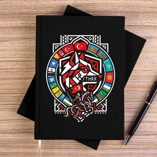 Kırmızı Bayraklı Kalkan Amblem Bozkurt Baskılı Siyah Çizgisiz Kanvas Defter