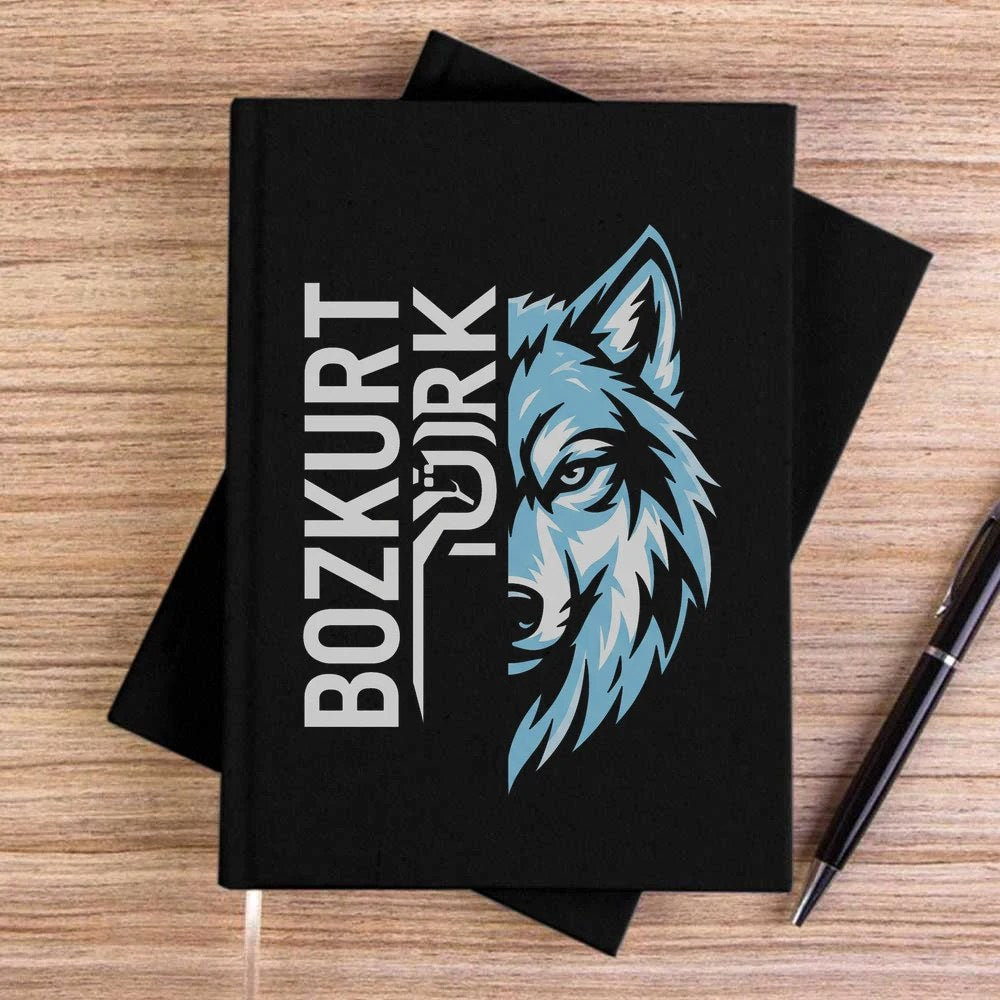Dikey Bozkurt Türk Yazılı Mavi Kurt Profili Baskılı Siyah Çizgisiz Kanvas Defter