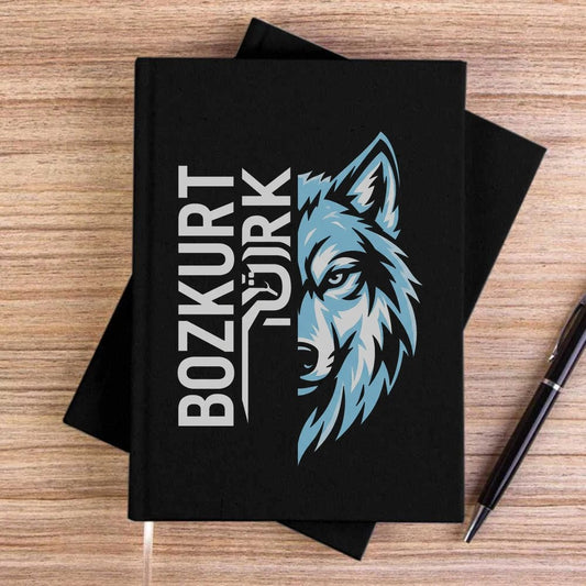 Dikey Bozkurt Türk Yazılı Mavi Kurt Profili Baskılı Siyah Çizgisiz Kanvas Defter