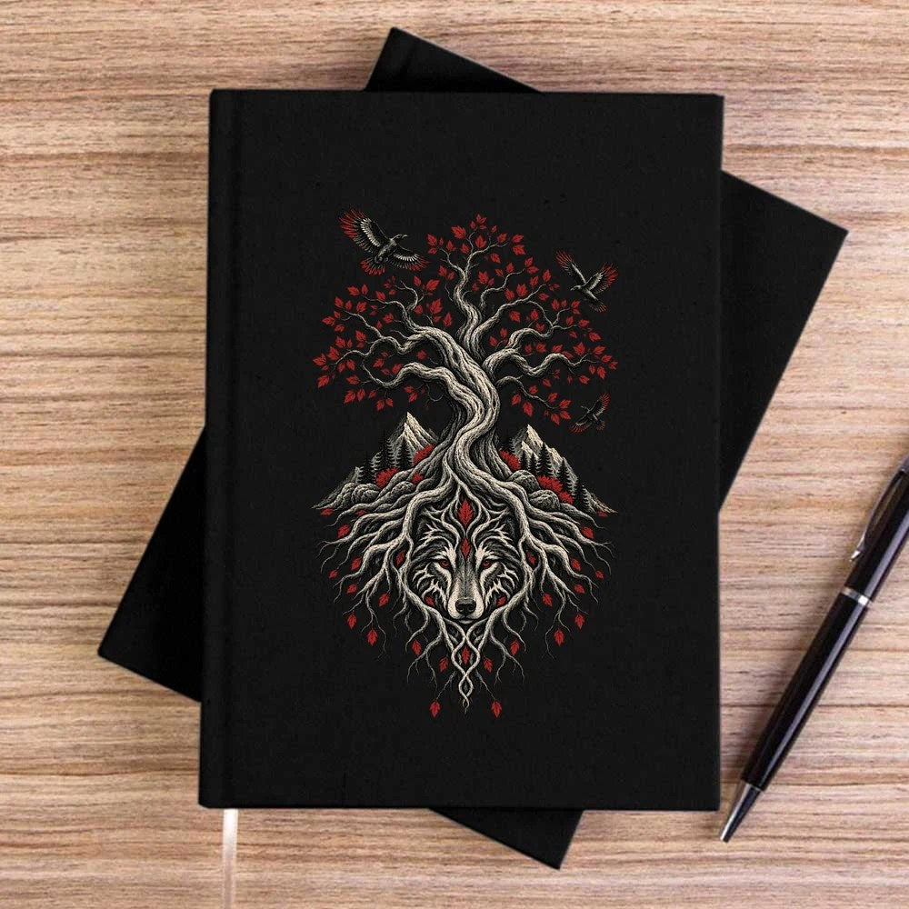 Hayat Ağacı Bozkurt Siyah Çizgisiz Kanvas Defter