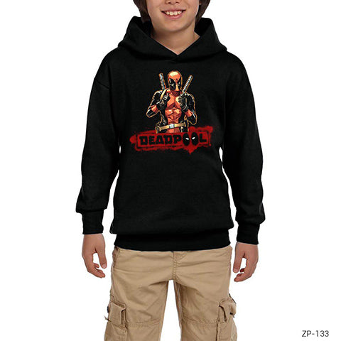 Deadpool Dual Sword Siyah Çocuk Kapşonlu Sweatshirt