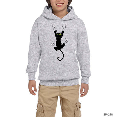 Tırmanan Kedi Gri Çocuk Kapşonlu Sweatshirt