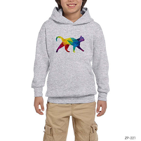 Gökkuşağı Polygon Kedi Gri Çocuk Kapşonlu Sweatshirt