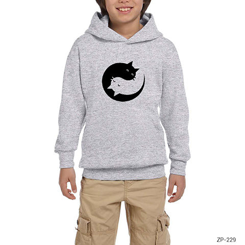 Yin Yang Kedi Gri Çocuk Kapşonlu Sweatshirt