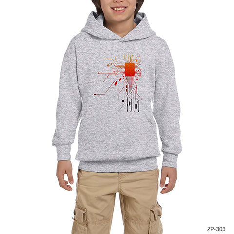 Elektronik Devre Gri Çocuk Kapşonlu Sweatshirt