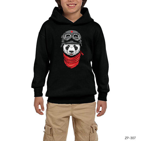 Panda Pilot Siyah Çocuk Kapşonlu Sweatshirt