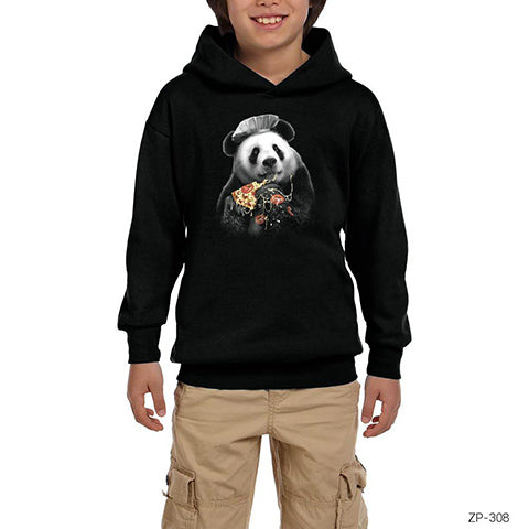 Panda Pizza Siyah Çocuk Kapşonlu Sweatshirt