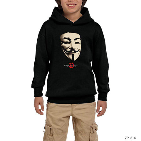 V For Vendetta Maske Siyah Çocuk Kapşonlu Sweatshirt