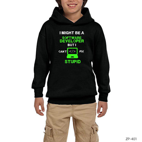 I Might Be A Software Developer Siyah Çocuk Kapşonlu Sweatshirt