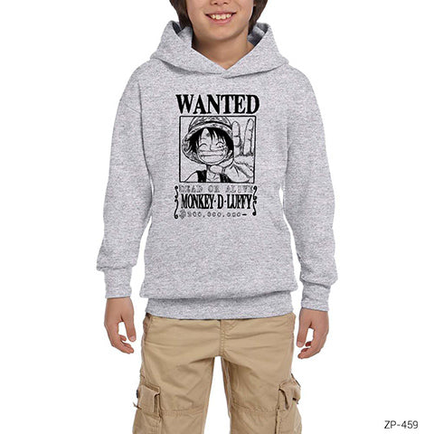 Wanted Luffy Gri Çocuk Kapşonlu Sweatshirt