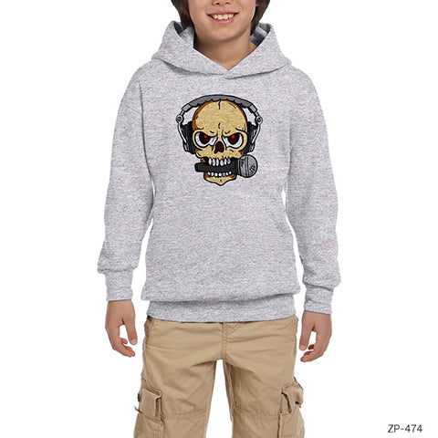 Rock Music Skull Gri Çocuk Kapşonlu Sweatshirt