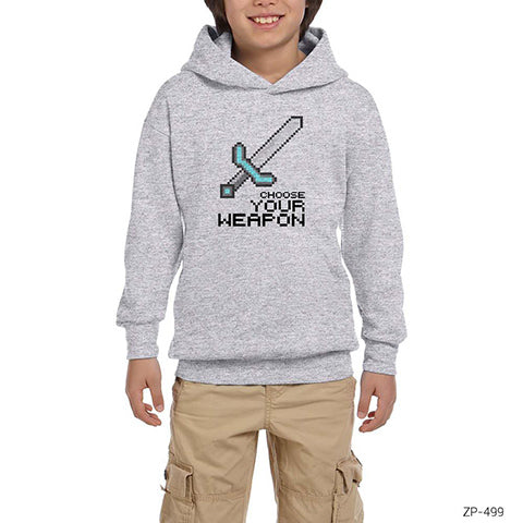Minecraft Choose Your Weapon Gri Çocuk Kapşonlu Sweatshirt