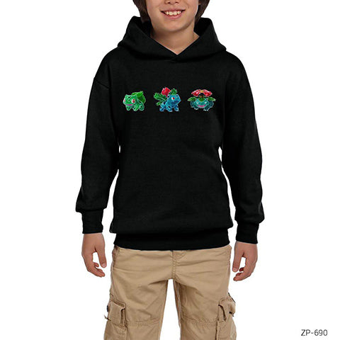 Pokemon Balbasaur Evolation Siyah Çocuk Kapşonlu Sweatshirt