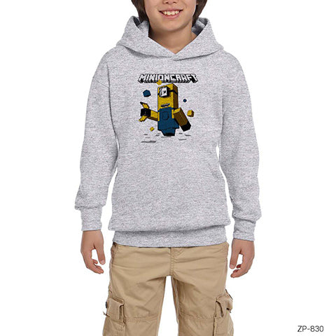 Minion Minecraft Gri Çocuk Kapşonlu Sweatshirt