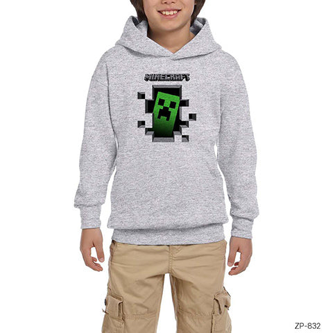 Minecraft Creeper Inside Gri Çocuk Kapşonlu Sweatshirt