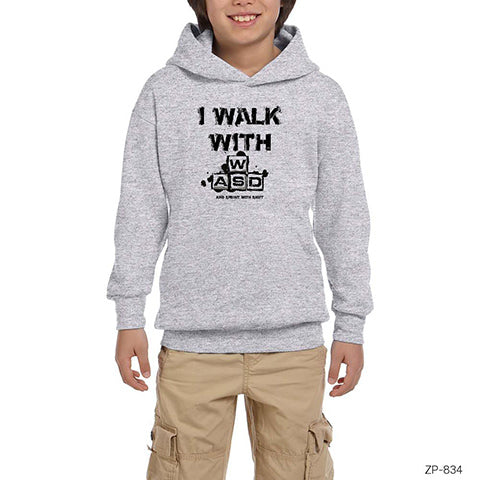 I Walk with WASD Gri Çocuk Kapşonlu Sweatshirt