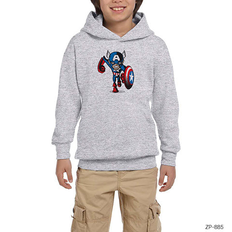 Captain America Cartoon Gri Çocuk Kapşonlu Sweatshirt