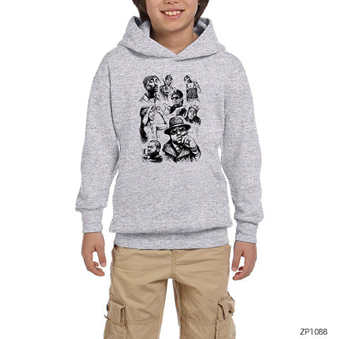 Rap Legends Sketch Art 2 Gri Çocuk Kapşonlu Sweatshirt