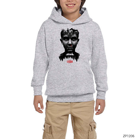 Stranger Things Eleven Face Gri Çocuk Kapşonlu Sweatshirt