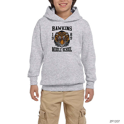 Stranger Things Hawkings Middle School Gri Çocuk Kapşonlu Sweatshirt