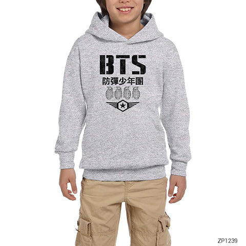 BTS Grenades Gri Çocuk Kapşonlu Sweatshirt