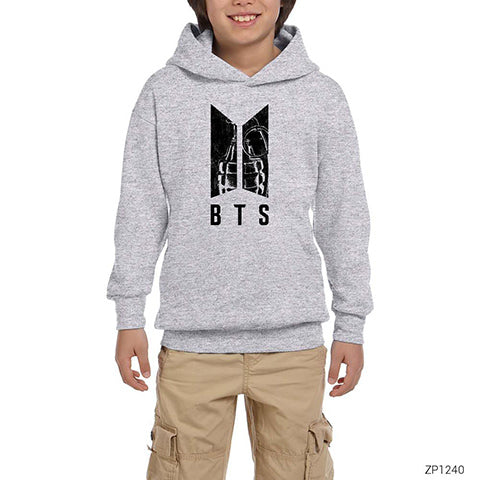 BTS Logo Grenade Gri Çocuk Kapşonlu Sweatshirt