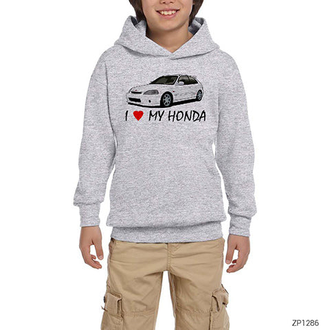 Honda Civic I Love My honda Gri Çocuk Kapşonlu Sweatshirt