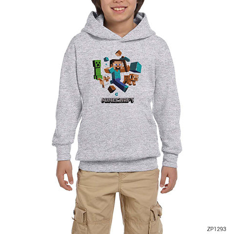 MineCraft Elements Gri Çocuk Kapşonlu Sweatshirt