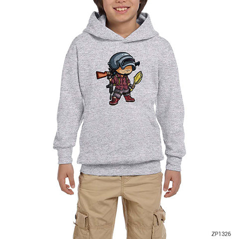 PUBG Cartoon Gri Çocuk Kapşonlu Sweatshirt