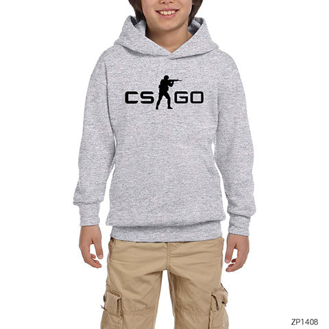 Counter Strike CSGO Logo Gri Çocuk Kapşonlu Sweatshirt